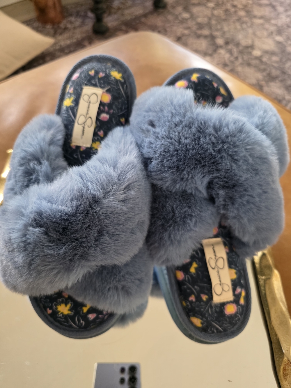 Jessica Simpson Blue Faux Fur Slide Slippers with Floral Insole
